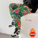 Northeast Flower Printed Thickened Cotton-padded Jacket Couple Chinese Style Causal Loose High Street Parkas Pants Suit