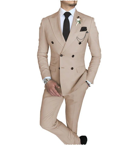 Men's Suit 2 Piece Double Breasted Peak Lapel Jacket Business Casual Slim Fit Wedding  Suit For Men ( Blazer+Pants）