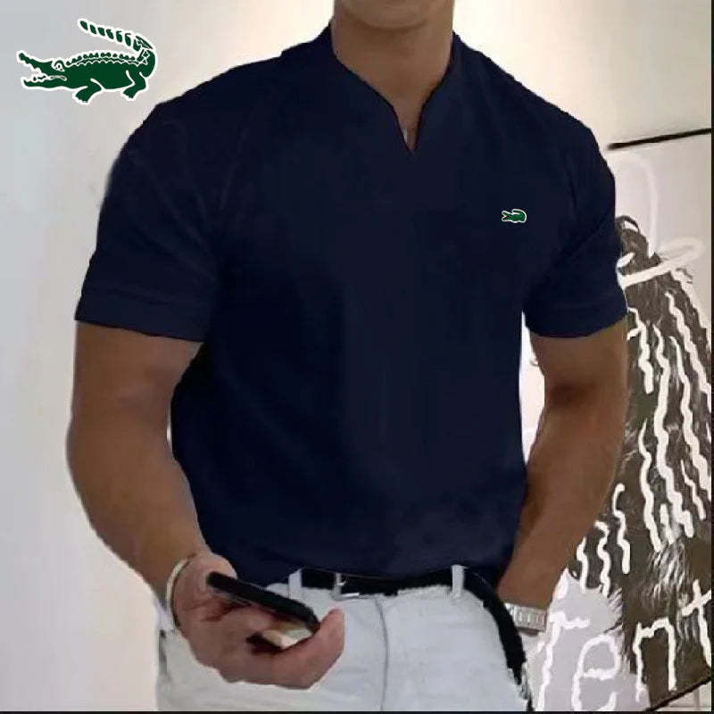 Men's V-neck High-quality Cotton Embroidered Polo Shirt Spring/Summer New Short Sleeved T-shirt Casual Sports Breathable Short S