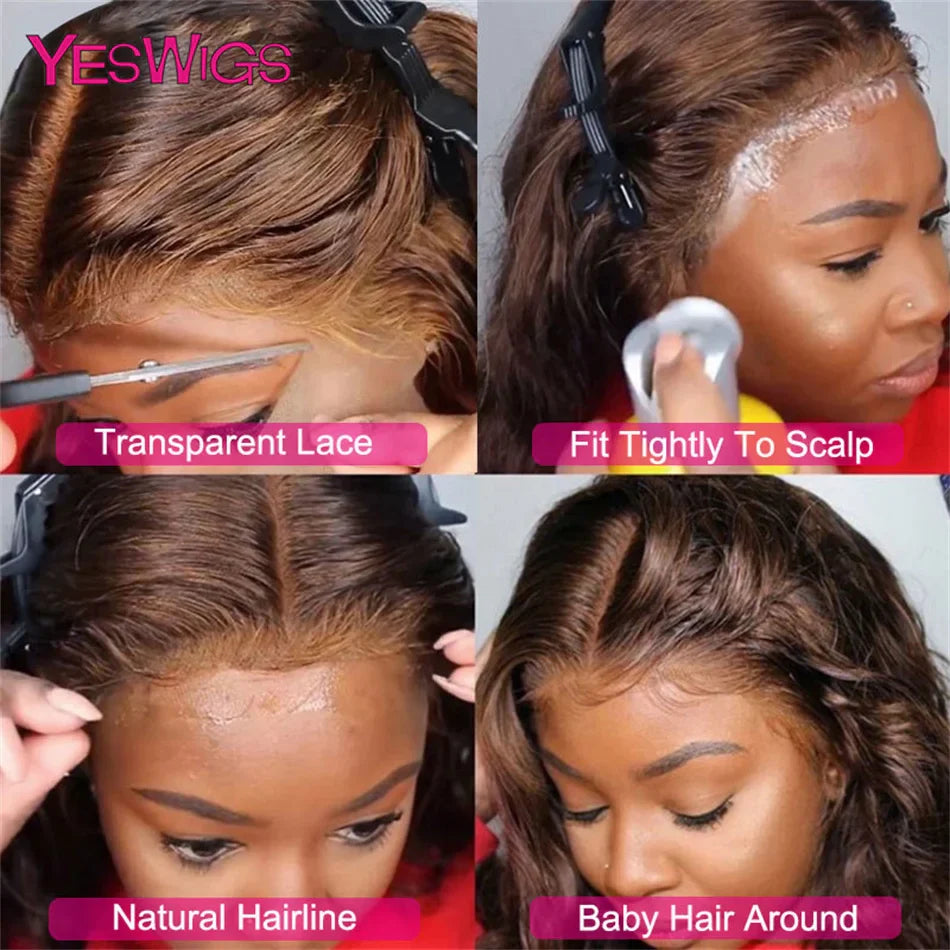 13x4 Chocolate Brown Colored Lace Front Human Hair Wigs For Women Glueless Body Wave HD Transparent 360 Full Lace Frontal Wig