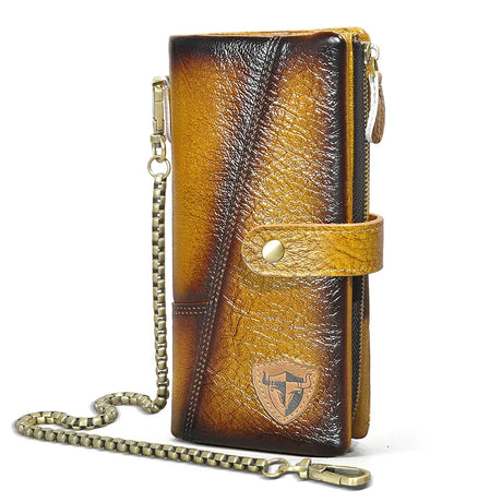 Hot Sale Real Cowhide Leather Travel Business Organizer Chain RFID Wallet For Men Long Zipper Male Purse Card Holder 1803