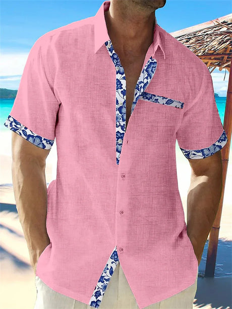 2023 summer fashion men's Hawaiian linen shirt men's casual lace printed beach pocket short sleeve plus size jacket 5 colors.