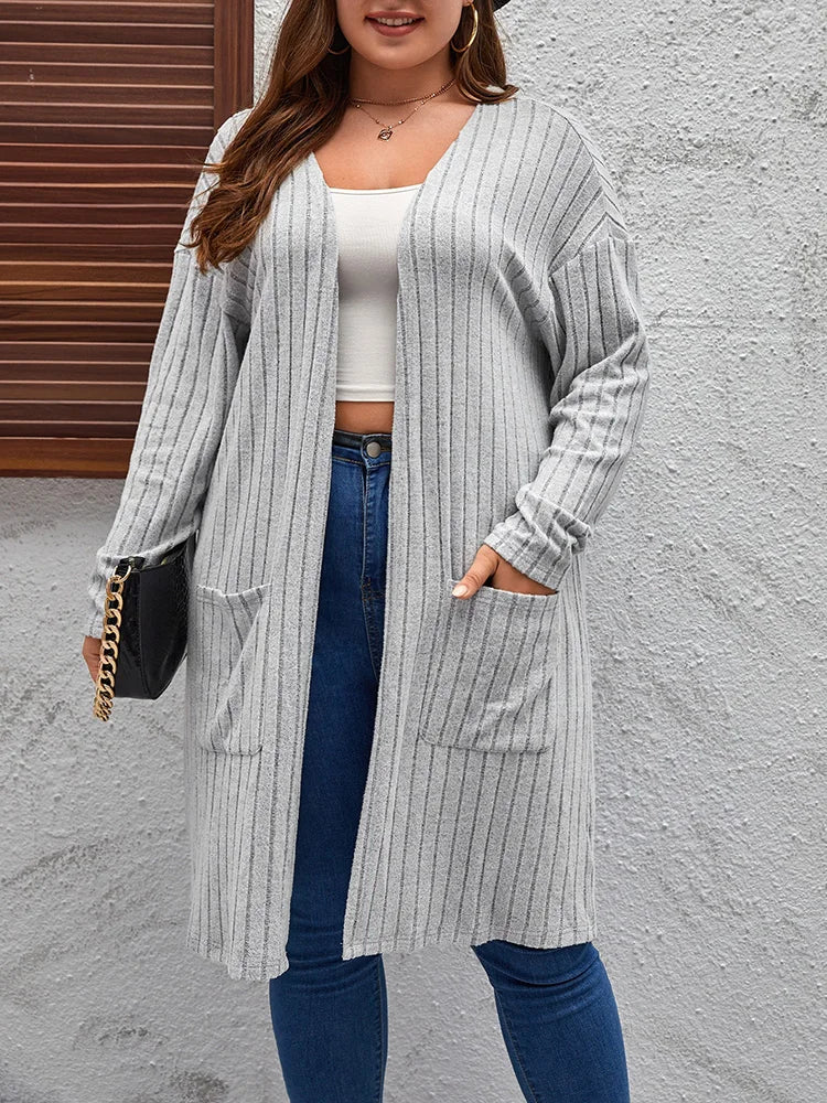 GIBSIE Plus Size Solid Rib Knit Open Front Cardigans Women Spring Autumn Casual Long Sleeve Korean Female Mid-Long Cardigan Coat