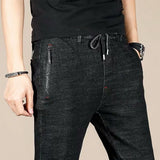 Men's Winter Pants Fleece-lined Jeans Brushed Black Street Fashion Comfort Flex Zipper Pocket Stretch Plush Thicken Trousers Man