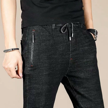 Men's Winter Pants Fleece-lined Jeans Brushed Black Street Fashion Comfort Flex Zipper Pocket Stretch Plush Thicken Trousers Man