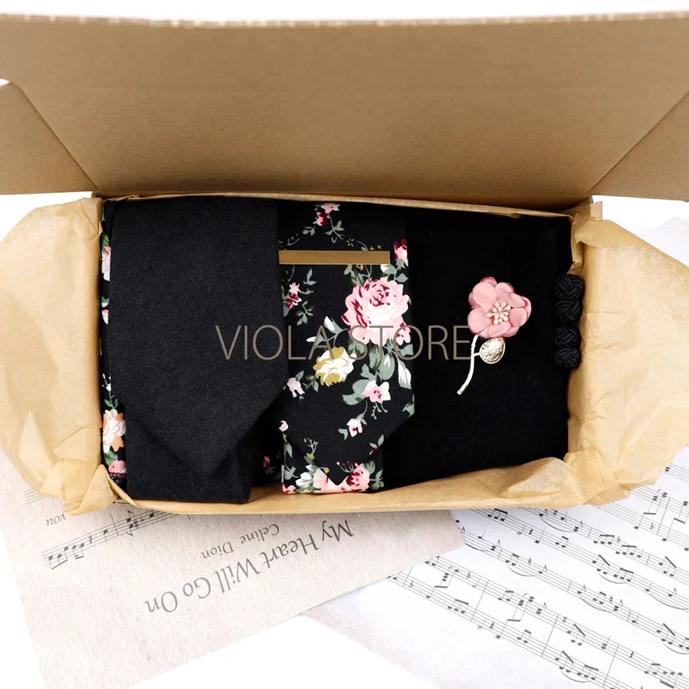 Viola Design Gift Box Hot Solid Floral Cotton Sock Necktie Set Clip Cufflinks Pin Hanky Men Wedding Party Daily Cravat Accessory