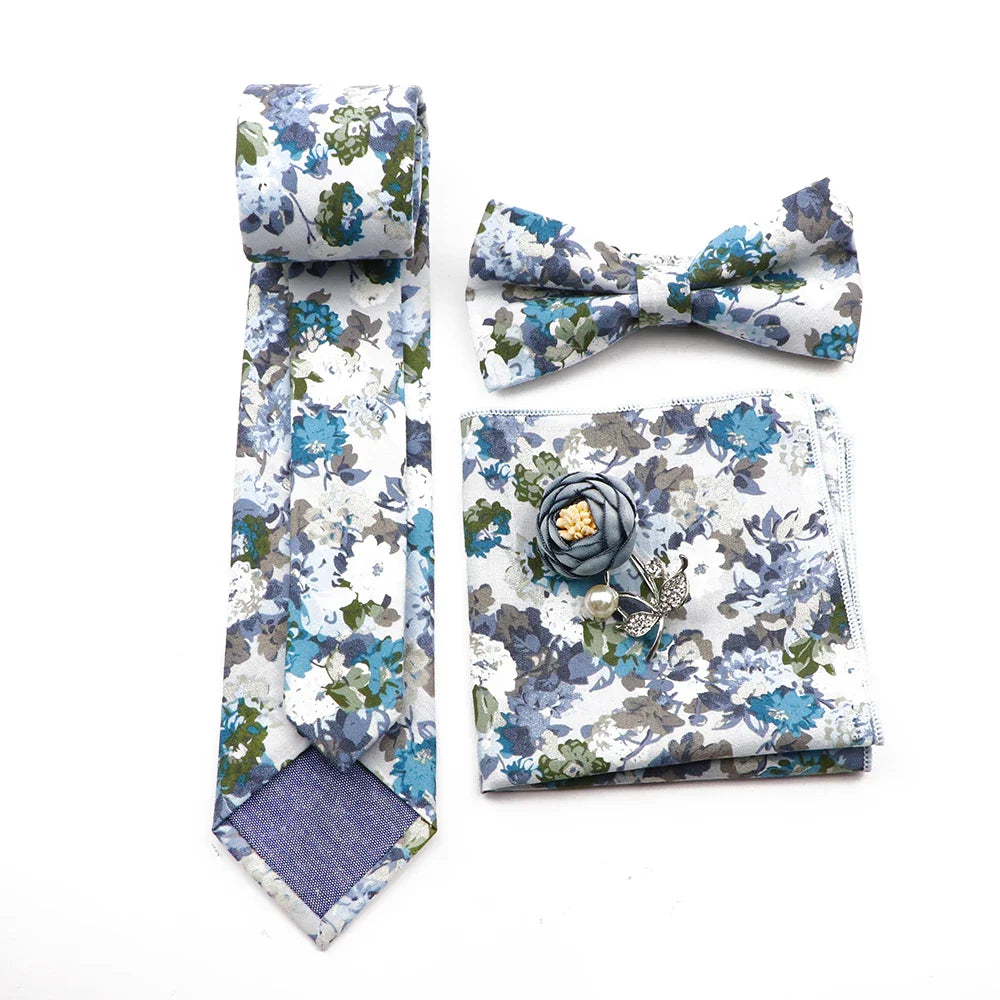 New Men's Floral Cotton Tie Three-Piece Necktie Bowtie Handkerchief Brooch For Groom Suit Wedding Cravat Shirt Accessory