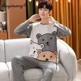 Big Size Autumn New Mens Casual Pajamas Set Cotton Long Sleeve Kawaii Bear Cartoon Printing Sleepwear for Men Pijama for Boy