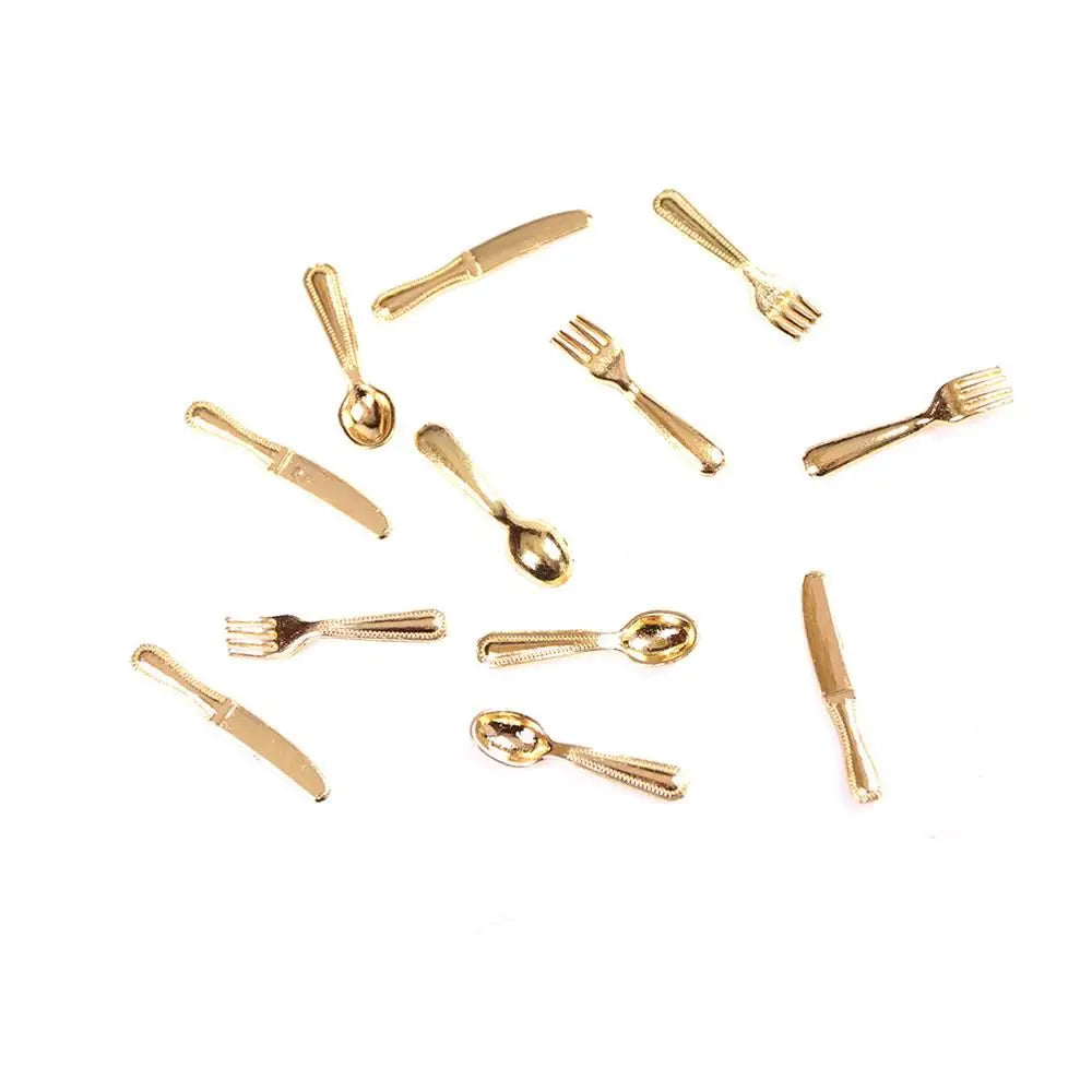 12PCS Dollhouse Furniture Gold Silver 1:12 Scale Simulation Mini Cutlery Accessory Fork Knife Spoon Miniatures Home Decor