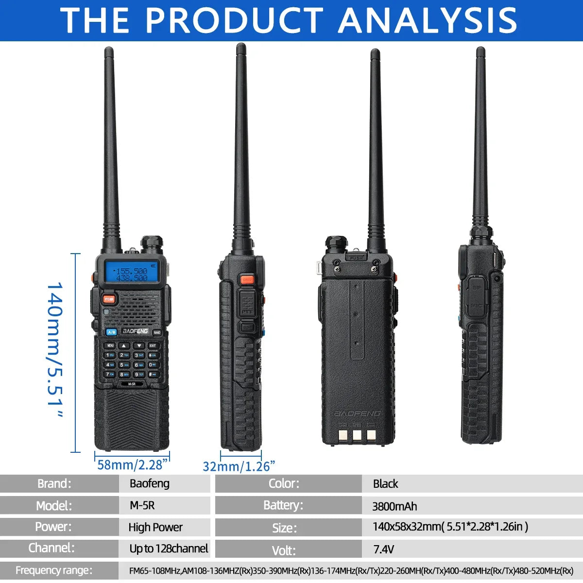 1/2PCS Baofeng M-5R Walkie Talkie Air Band 3800mAh Battery Wireless Copy Frequency Long Range AM  Ham UV-5R K5 Two Way Radio