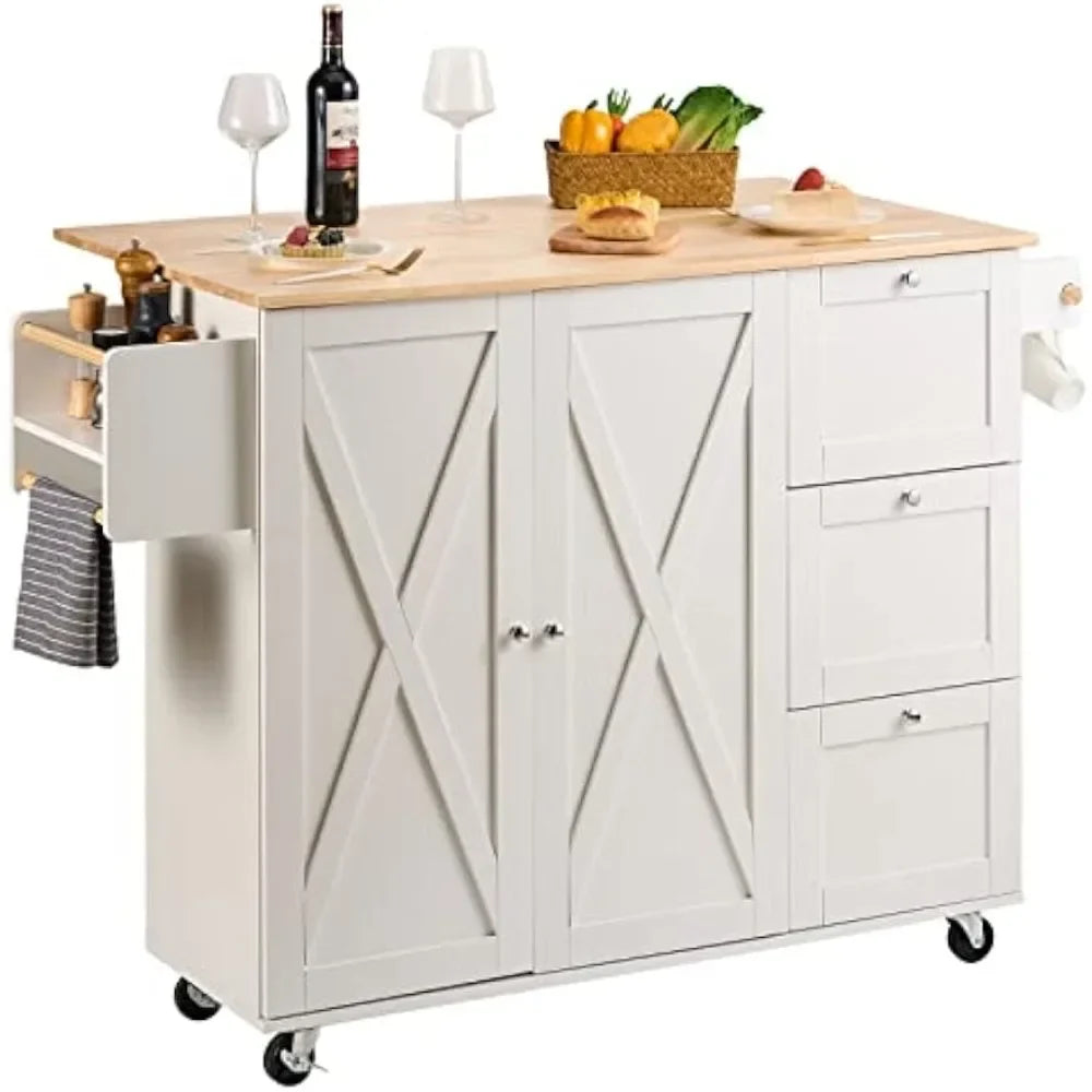 45.3" Width Mobile Carts With Storage Cabinet Kitchen Island Cart With Solid Wood Top Trolley Shelf Portable Islands on Wheels