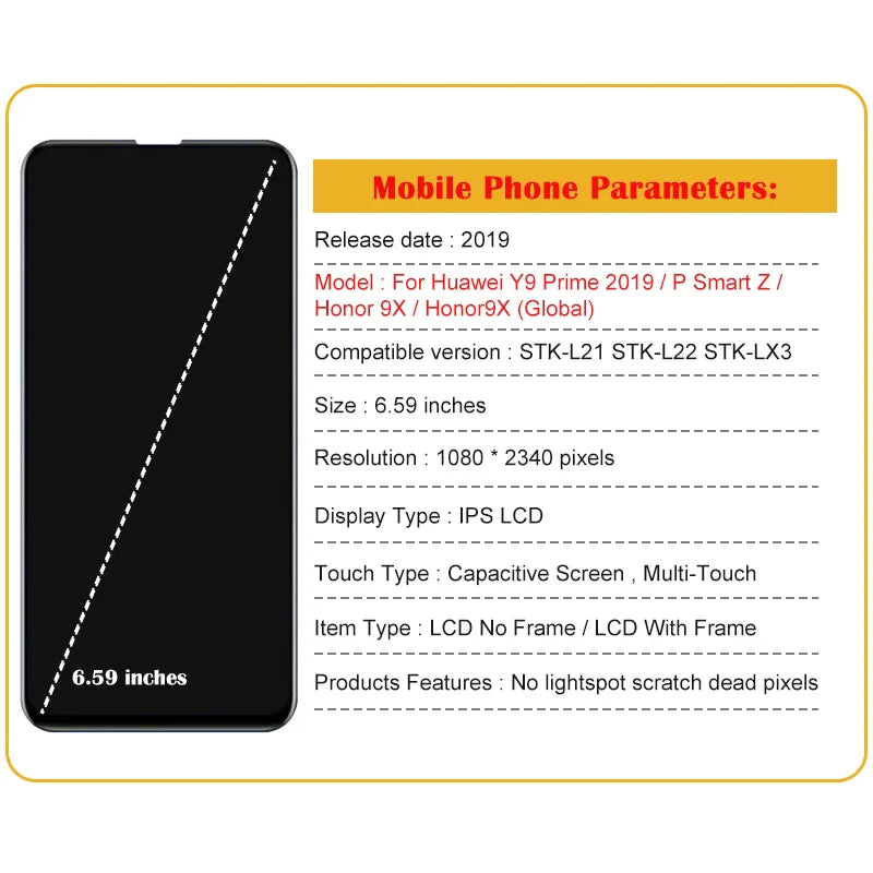 6.59" Original For Huawei Y9 Prime 2019 LCD STK-LX3 L21 Display Touch Screen Digitizer Assembly For Huawei P Smart Z LCD