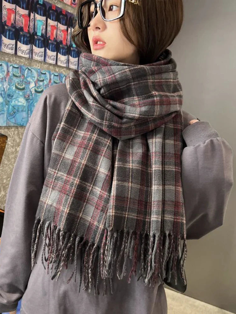 New 2023 Imitation Cashmere Women Scarf Winter Preppy Style Vintage Plaid Scarve Pashmina Mujer Foulard Blanket Wrap Shawl Pareo