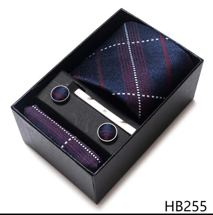 Luxurious Dropshipping 8 cm Birthday Gift Silk Tie Hanky Pocket Squares Cufflink Set Tie Clip Necktie Box Geometric