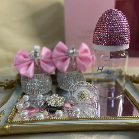 Dollbling Luxury Baby Bottles and Shoes Headband Set Keepsake Diamond Tutu Outfit Red Bottom Little Girl Baptism Shoes