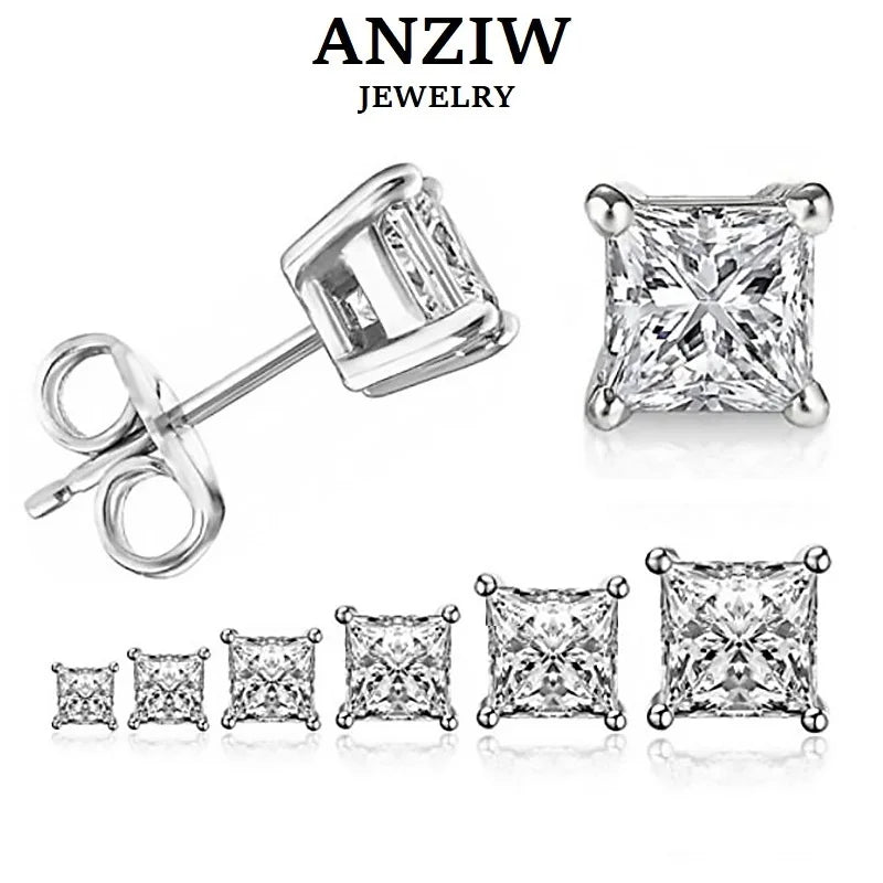 ANZIW Square 925 Silver Stud Earrings For Women Men Zirconia Diamond Earring Wedding Engagement Bridal Jewelry Certified Gifts