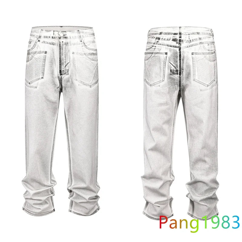 Brushed Wax Jeans Women Men High Quality Loose Straight Leg Pants