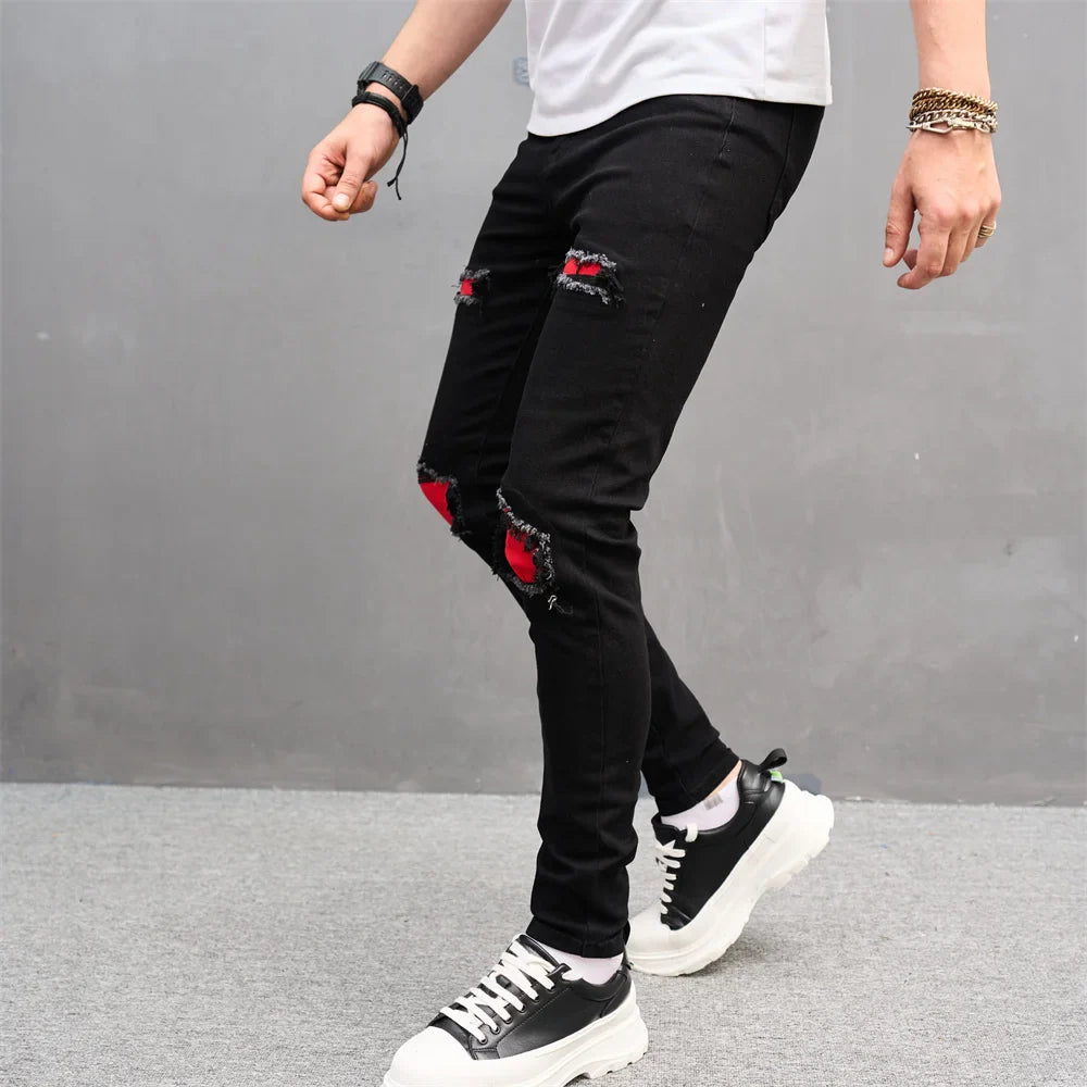 New Men Streetwear Ripped Slim Patch Stylish Jeans Trousers Male Holes Casual Denim Pants