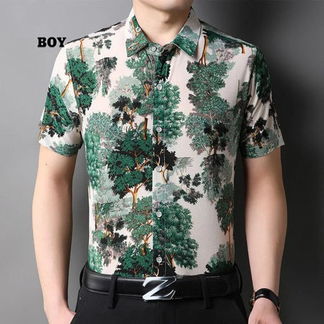 Summer Shirts for Men Short Sleeve Striped Vintage New in Tees Loose Ice Silk Graphic Printed Fashion Polo Collar Casual Tops