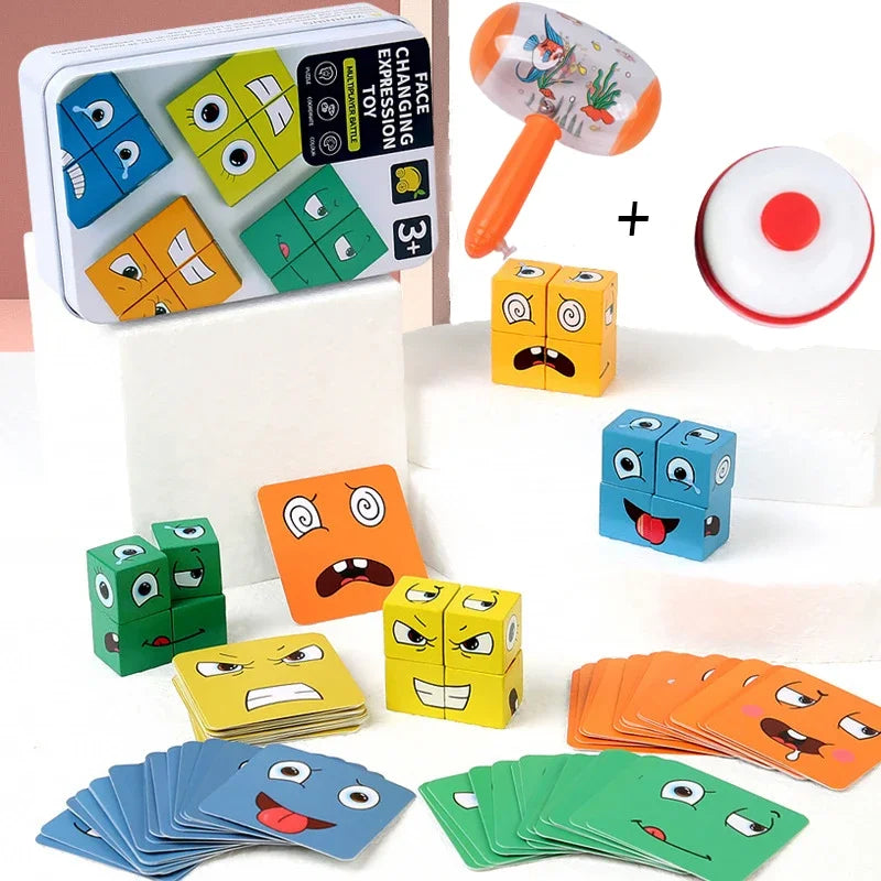 Wooden Face Changing Cube Toys Building Blocks for Cartoon Puzzle Montessori Jigsaw Kids Toy Educational Board Game Family Toys