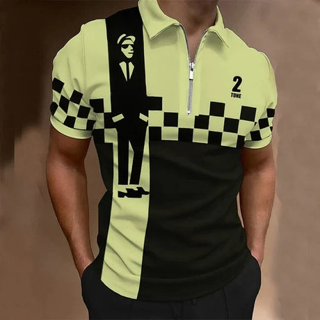 Men's Collar Golf Shirt Plaid Turndown Polo Shirt 3D Printed Zip Up Polo Shirt Casual Collar Regular Fit Polo Shirt