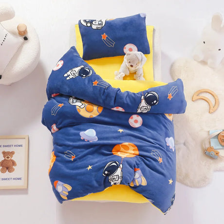 3pcs Cartoon Cotton Crib Linen Kit Baby Coral Fleece Bedding Set Includes Pillowcase Bed Sheet Duvet Cover Without Filler  CP11