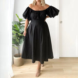 KUCLUT Women Plus Size Dress Simple Solid Puff Short Sleeve Strapless Off Shoulder Nipped Waist Slim Office Oversize Dresses