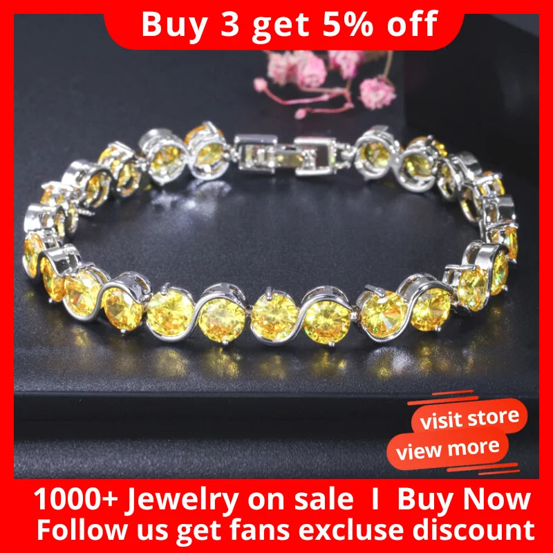 BeaQueen Trendy S Shape 6mm Round Cut Yellow Cubic Zirconia Stone Friendship Bracelets Party Jewelry Accessories for Women B020