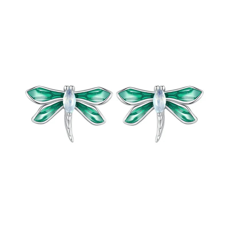 Bamoer 925 Sterling Silver Green Dragonfly Stud Earrings White Gold Plated Insect Earrings for Women Party Fine Jewelry Gift