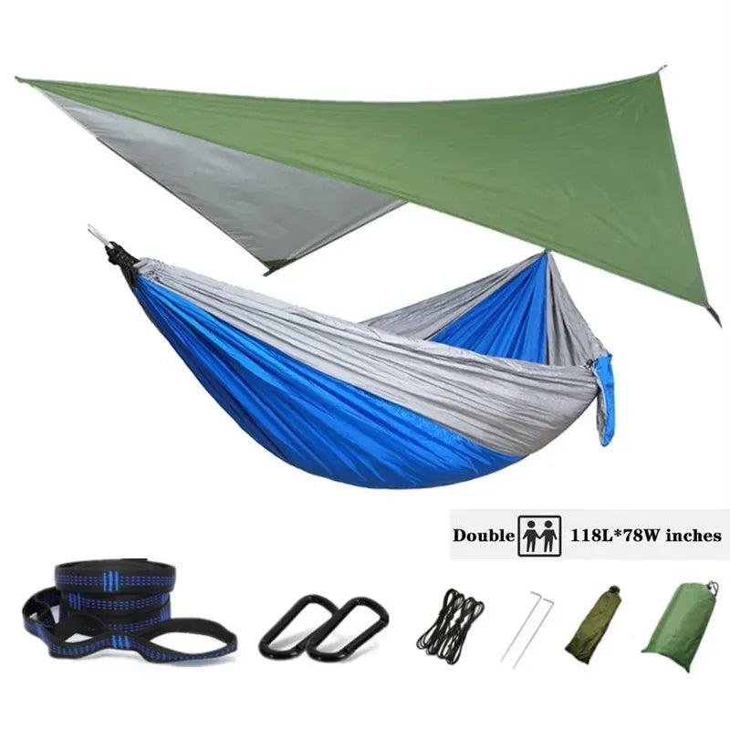 Oversized Double 118inx79in Hammock with Tree Straps and Rain Fly, Indoor Outdoor Backpacking Survival & Travel Camping Hammock