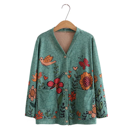 8XL Plus Size Cardigan Women 2023 Spring Print V-Neck Two Pockets Jumpers Long Sleeve Outewear Oversize Curve Clothes