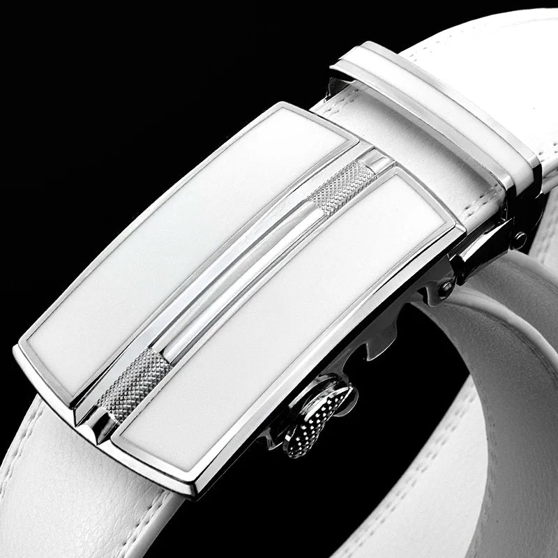 Elegant White Color Men Women Unisex Leather Belt Genuine Leather Automatic Buckle 3.5cm Width Men Waist Straps for Jeans