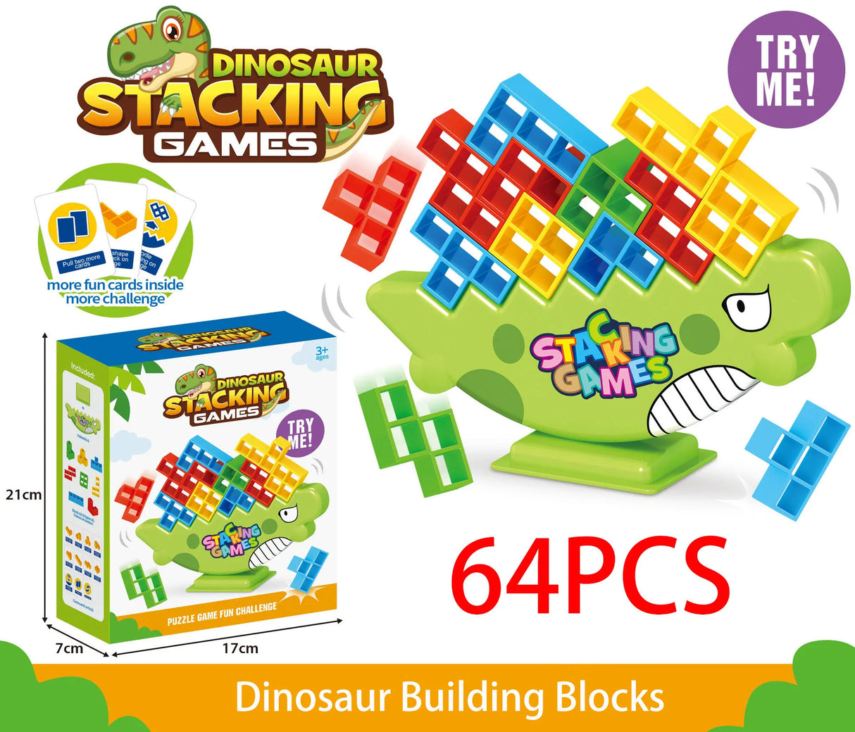 64PCS Dinosau Tetra Tower Fun Balance Stacking Building Blocks Board Game for Kids Adults Friends Party Toy Family Game Gifts