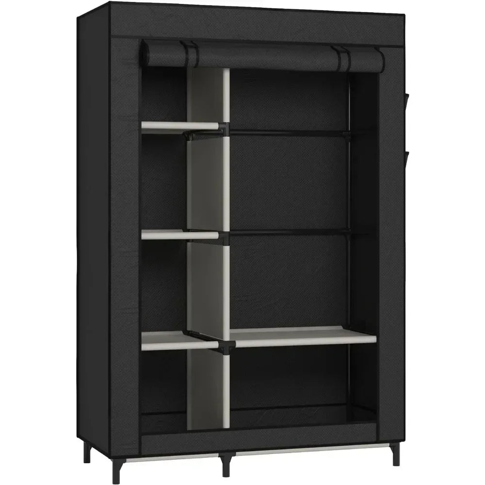 Canvas Wardrobe Portable Closet Wardrobe Clothes Storage with 6 Shelves and Hanging Rail,Non-Woven Fabric