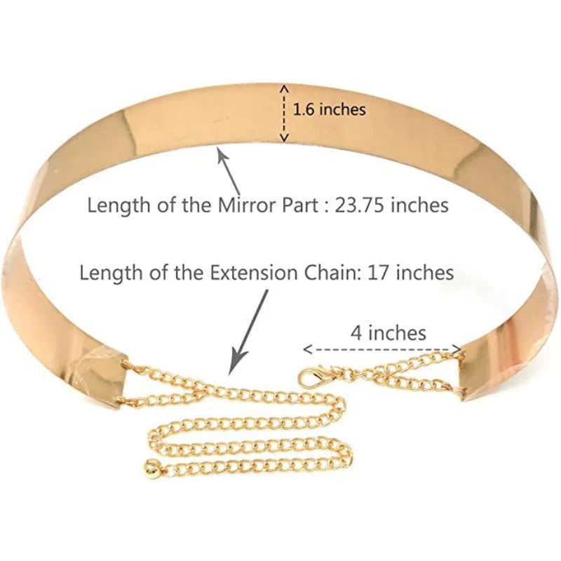 Women Fashion Adjustable Metal Belt Gold Silver Wide Bling Plate Waist Belt Mirror Waist Chain Waistband Cummerbunds pasek