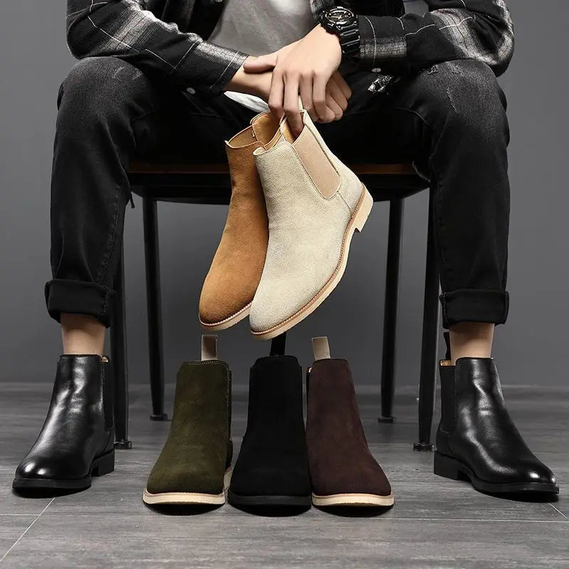 Men's Retro Suede Genuine Leather Chelsea Boots Men Fashion Ankle Boot Mens Casual British Style Short Boots High-Top Shoes