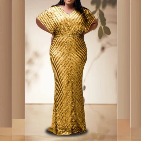 Plus Size Evening Party Dress For Women Elegant Wedding Dinner Formal Clothing Gold Simple Design Sequin Long Dresses Large Size