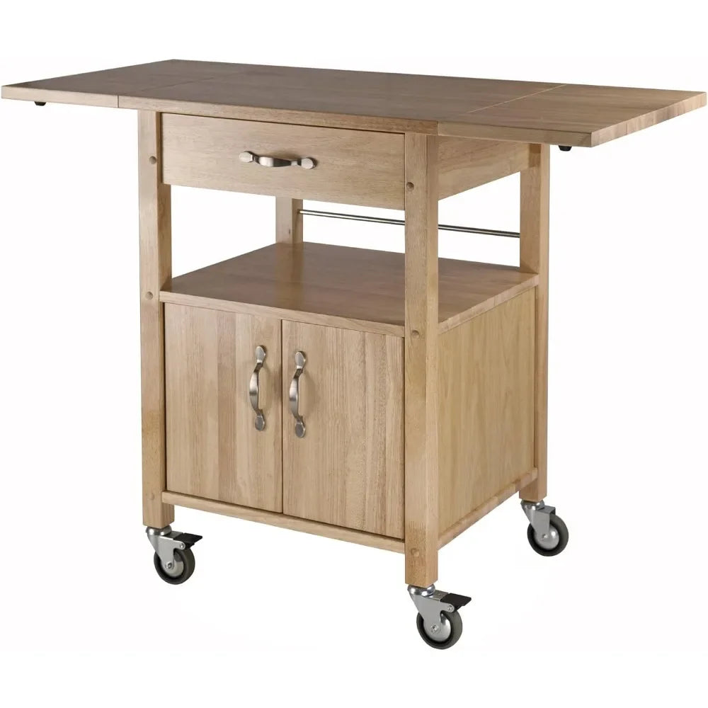 Kitchen island trolley, with storage cabinets, rolling kitchen table with solid wood countertops, drawers, natural color