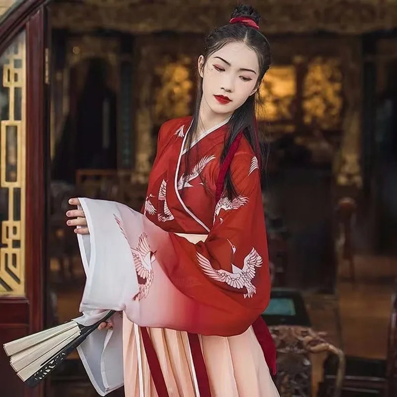 Modern Chinese Style Hanfu Ming Dynasty Improvement Traditional Dress Red Costume Woman Girl Gules Coat Skirt Set Dance Wear