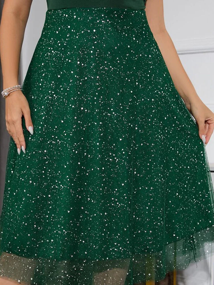 Plus Size Dress for Women 2023 Summer Female V Neck Sleeveless Sequined Mesh Patchwork Elegant Wedding Guest Party Dresses