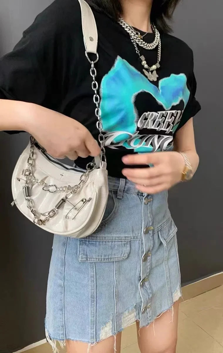 New Shoulder Bag Gothic Handbag Denim Grey Large Capacity Chain Wand Heart Shape Pearl Cross Pattern Diesel Bags Paper Clip