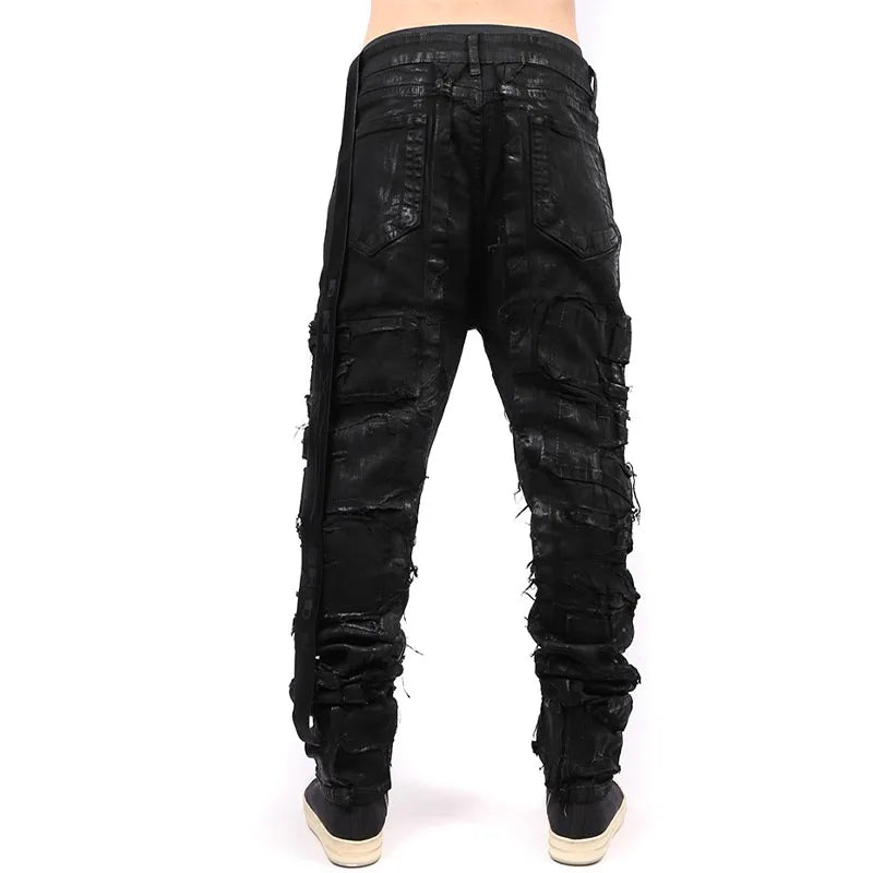 Dark Coating Wax Brushing Erosion Hole Jeans Men Ripped Casual Denim Pants Street Hip Hop Black Jeans Trousers Men