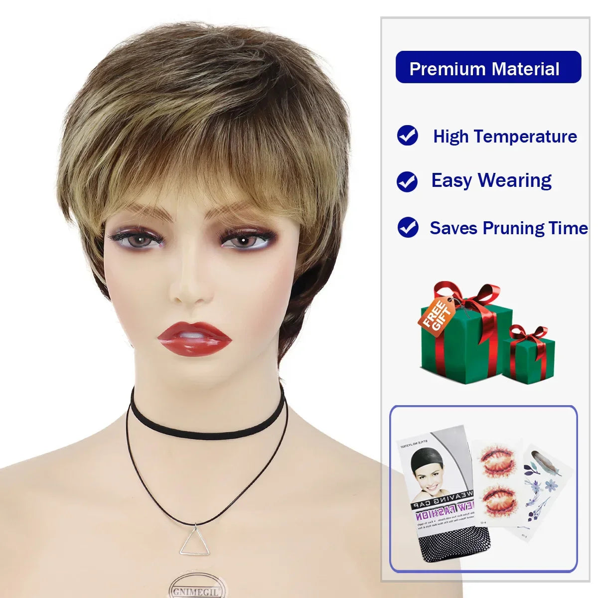 GNIMEGIL Synthetic Short Pixie Cut Wig Women Natural Hairstyle Bangs Wig Blonde Mix Brown Soft Straight Wig for Chemo Patient