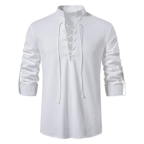 Spring Summer Men's Shirts Cotton Linen Long Sleeved Henley Shirt V Neck Casual Lace Up Tops Male Breathable Thin Bloluses