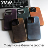 YMW Scratc Crazy Horse Genuine Leather Case for iPhone 15 14 Pro Max Plus 13 12 mini Magnetic PULL-UP Cowhide Phone Cover