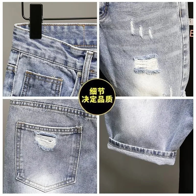 Men's Summer Blue Denim Shorts Brand Rotten Pockets Korean Fashion Slim Straight Wide Leg Beggar Jeans Shorts