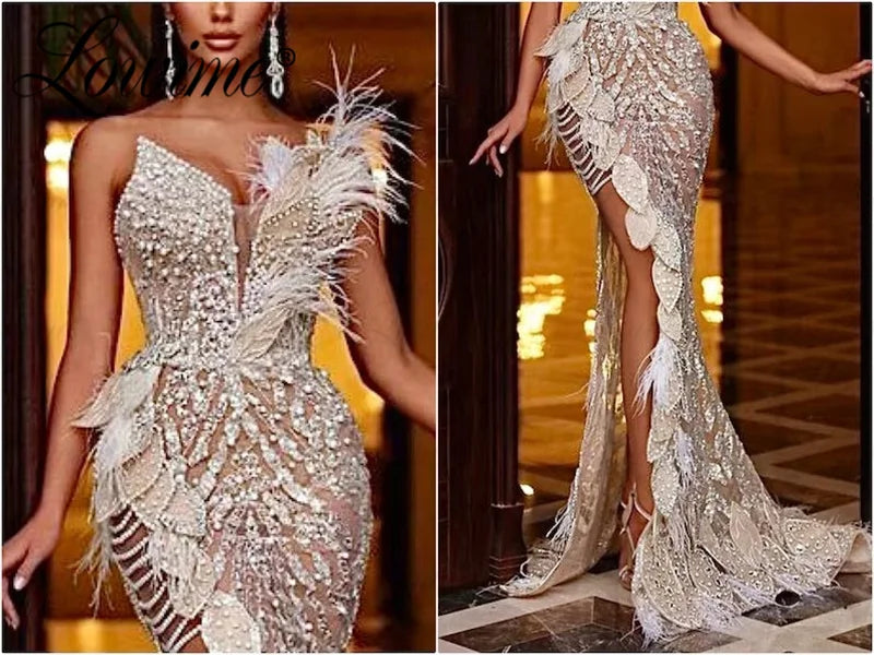 2023 Couture Nude Long Party Dress Arabic Evening Gown Mermaid Feathers Crystals Pearl Dress Pageant Prom Dresses With High Slit