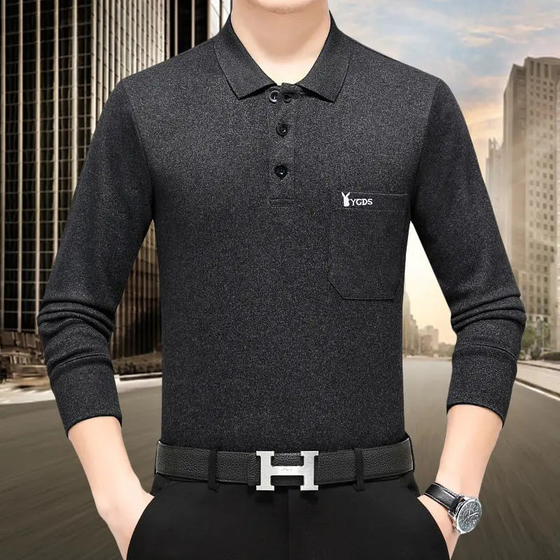 Men's Spring Autumn Solid Pullover Turn-down Collar Button Pocket with Embroidered Letters , Long Sleeve T-shirt Undershirt Tops