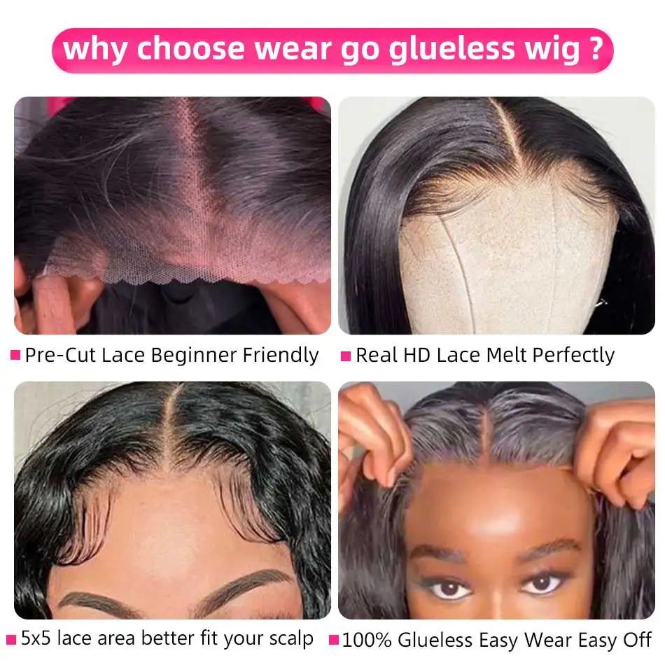 Glueless Wigs Human Hair Ready To Wear And Go 210% Density 5x5 HD Transparent Glueless Lace Closure Wig Straight Human Hair Wigs