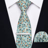 Yourties Men's Cotton Champagne Necktie with Clip Pocket Square Set for Wedding Business Causal Blue Floral Print Tie for Man